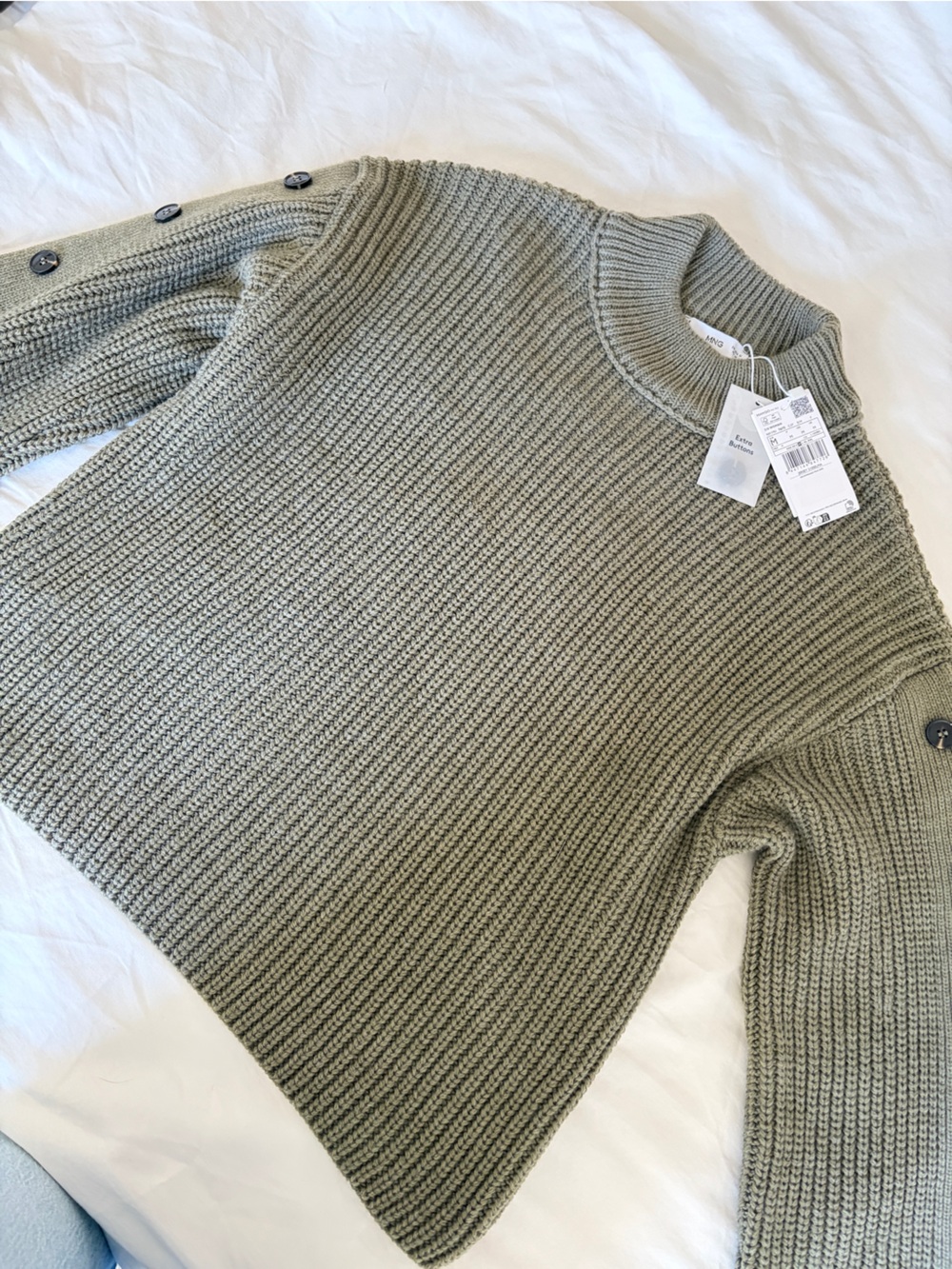 Mango Olive Green Ribbed Button-Shoulder Sweater